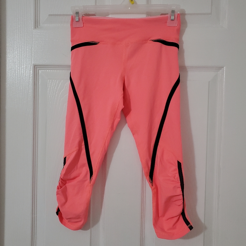 Lululemon Run Pace Crop Pop Leggings Orange Bleached Coral Black Size 2